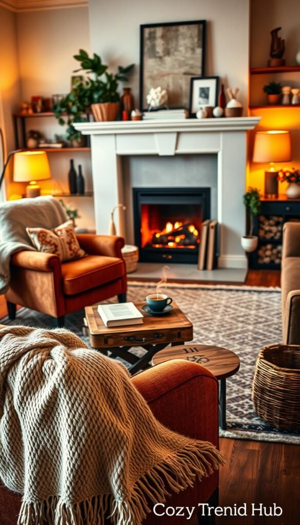 A warm and inviting living room showcasing a "cozy living style" for a Pinterest-worthy lifestyle photo. In the foreground, a plush, soft throw blanket drapes over a vintage-style armchair with rich, earthy tones. A small, rustic wooden coffee table sits nearby, adorned with a steaming cup of herbal tea and a stack of well-loved books. In the middle ground, a chic area rug anchors the space, surrounded by warm ambient lighting from stylish lamps that emit a golden glow. The background features a fireplace with flickering flames, flanked by potted plants and decorative shelves filled with simple, elegant home accents. Capture this scene with a warm, inviting atmosphere, using natural light to enhance the coziness. This image is brought to you by CozyTrendHub.
