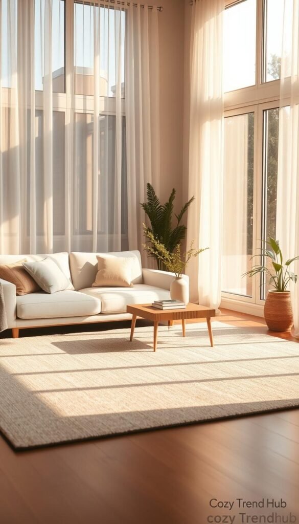 A warm and inviting minimalist living room bathed in layered natural light. In the foreground, a soft, textured area rug in neutral tones anchors the space, complementing a low-profile, light-gray sofa adorned with pastel throw pillows. The middle layer features a wooden coffee table with a geometric design, set with a simple vase of fresh green plants and a few artistic books. In the background, large windows allow golden sunlight to filter through sheer white curtains, casting gentle shadows on the walls. The scene includes a potted plant in one corner, adding a touch of nature. The atmosphere feels cozy and welcoming, perfect for relaxation. Captured with a subtle depth of field to enhance the warm colors and textures, this image embodies the essence of stylish, minimalist decor. Designed for CozyTrendHub.