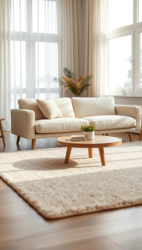 A warm and inviting minimalist living room featuring a stylish, light beige sofa with soft, textured fabric and slim wooden legs. In the foreground, a plush, neutral-toned area rug sits underneath the sofa, enhancing comfort. The middle ground includes a simple, round coffee table made of natural wood, complemented by a few carefully arranged decorative items, like a small potted plant and a couple of coffee books. In the background, large windows allow soft, natural light to flood the space, highlighting the minimalist curtains. The overall atmosphere is cozy and welcoming, reflecting the essence of a warm minimalist decor. This lifestyle setting is designed for a brand called "CozyTrendHub", shot with a shallow depth of field, creating a dreamy, soothing vibe.