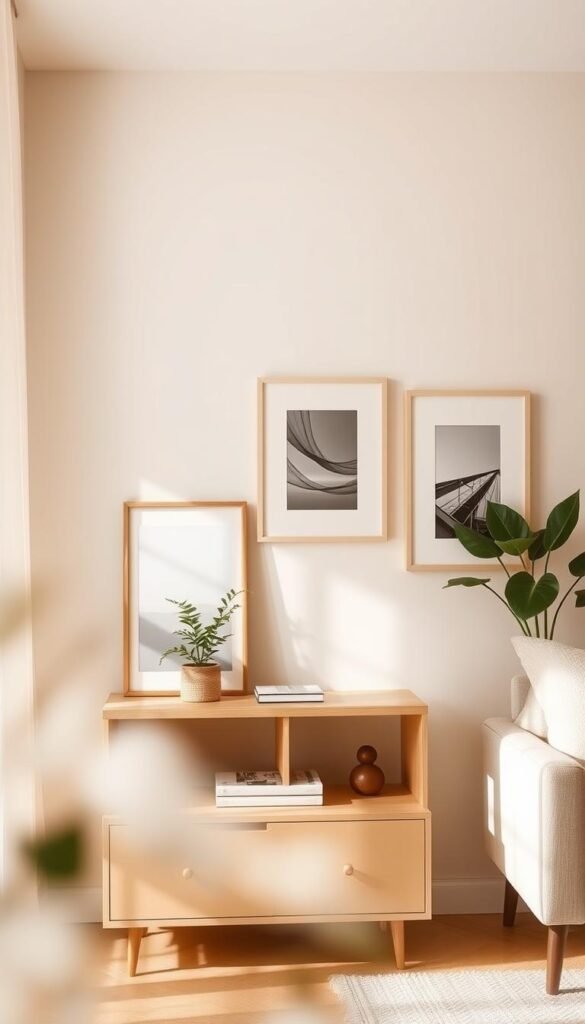 A warm and inviting minimalist living room wall adorned with carefully selected decor elements that reflect personality while maintaining a clean aesthetic. The foreground features a simple wooden shelf with a few curated art pieces, including a small abstract painting and a potted plant, both adding a touch of life. In the middle, the wall showcases a soft, neutral color palette, complemented by minimalistic frames that contain black-and-white photography. The background creates a cozy atmosphere with soft, natural light filtering through a nearby window, casting gentle shadows. A slight lens blur accentuates the decor, enhancing the inviting feel of the space. The overall mood is serene and sophisticated, perfectly representing the essence of CozyTrendHub.