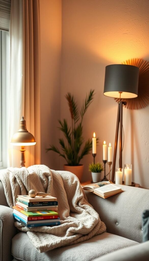 A warm and inviting reading corner with layered lighting ideas, showcasing a cozy ambiance. In the foreground, a plush armchair draped with a soft throw blanket and a stack of colorful novels. In the middle, a stylish side table adorned with a vintage table lamp emitting a warm glow, alongside flickering candles and a small potted plant. In the background, a softly lit floor lamp casts a gentle light, creating a soothing atmosphere. The walls feature light-colored decor with soft textures, enhancing the cozy vibe. Natural light filters through a nearby window, illuminating the space. Captured with a shallow depth of field to emphasize the inviting details, this image embodies a perfect reading nook. Designed for "CozyTrendHub". A warm and inviting reading corner with layered lighting ideas, showcasing a cozy ambiance. In the foreground, a plush armchair draped with a soft throw blanket and a stack of colorful novels. In the middle, a stylish side table adorned with a vintage table lamp emitting a warm glow, alongside flickering candles and a small potted plant. In the background, a softly lit floor lamp casts a gentle light, creating a soothing atmosphere. The walls feature light-colored decor with soft textures, enhancing the cozy vibe. Natural light filters through a nearby window, illuminating the space. Captured with a shallow depth of field to emphasize the inviting details, this image embodies a perfect reading nook. Designed for "CozyTrendHub".