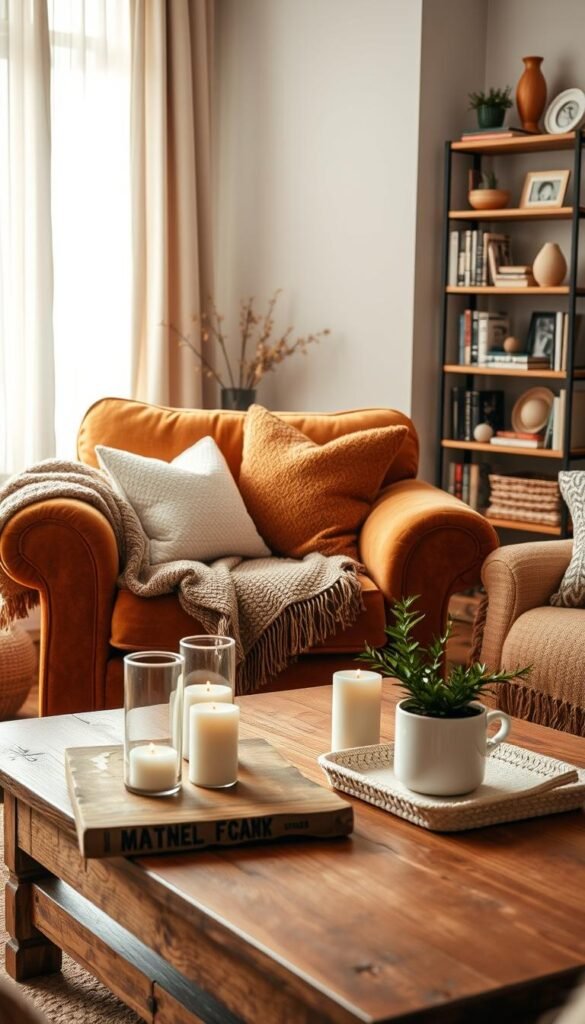 A warm and inviting room adorned with cozy home decor essentials, focusing on a plush, oversized armchair in rich earth tones, layered with soft, textured throw blankets and decorative pillows. In the foreground, a rustic wooden coffee table is topped with an arrangement of candles, a small potted plant, and a stylish coffee mug. In the middle, a beautifully styled bookshelf filled with books, framed photos, and decorative items adds character. The background features a window draped with light, airy curtains, allowing soft, natural light to fill the space, enhancing the warm atmosphere. The scene captures a serene and welcoming vibe, perfect for showcasing how to choose cozy decor essentials. Shot with a cozy lens, creating a soft focus effect, by CozyTrendHub.