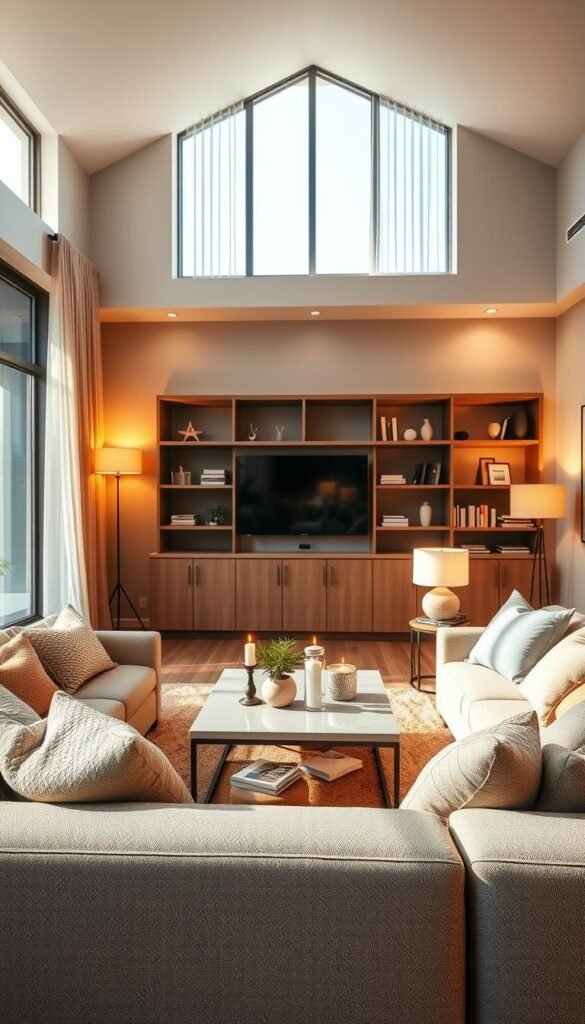 A warm and inviting shared living room featuring a blend of natural and artificial lighting that highlights the spaciousness of the area. In the foreground, a plush, oversized sofa adorned with textured pillows invites relaxation. In the middle, a large window draped with sheer curtains allows natural light to pour in, illuminating a modern coffee table accentuated with decorative candles and a small plant. Soft, ambient lighting from stylish floor and table lamps enhances the welcoming atmosphere, casting gentle shadows. In the background, a cozy bookshelf filled with decorative items and books adds depth. Capture this scene using a wide-angle lens to convey a sense of openness, creating a peaceful and livable ambiance. The overall mood is warm and serene, perfect for family gatherings and relaxation. Designed in the signature style of CozyTrendHub. A warm and inviting shared living room featuring a blend of natural and artificial lighting that highlights the spaciousness of the area. In the foreground, a plush, oversized sofa adorned with textured pillows invites relaxation. In the middle, a large window draped with sheer curtains allows natural light to pour in, illuminating a modern coffee table accentuated with decorative candles and a small plant. Soft, ambient lighting from stylish floor and table lamps enhances the welcoming atmosphere, casting gentle shadows. In the background, a cozy bookshelf filled with decorative items and books adds depth. Capture this scene using a wide-angle lens to convey a sense of openness, creating a peaceful and livable ambiance. The overall mood is warm and serene, perfect for family gatherings and relaxation. Designed in the signature style of CozyTrendHub.