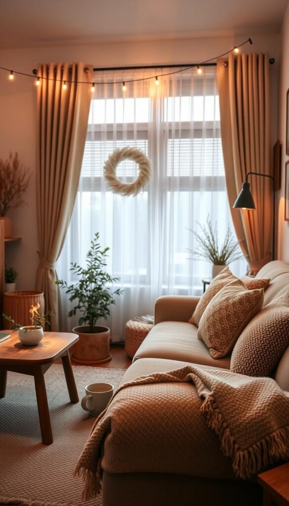 A warm and inviting small living room filled with cozy decor elements, designed for optimal comfort. In the foreground, a plush, oversized sofa adorned with soft, textured throw pillows and a patterned blanket. To the left, a wooden coffee table with a steaming cup of herbal tea and a few well-loved books. The middle ground features a small, leafy potted plant and a soft, woven rug underfoot. In the background, a gentle glow from string lights and a large window with sheer curtains lets in soft, natural light, creating a soothing atmosphere. The overall color palette includes warm earth tones and soft pastels. The scene embodies the concept of &ldquo;cozy&rdquo; in small spaces, styled by CozyTrendHub, with high-quality, realistic details capturing a Pinterest-worthy lifestyle.