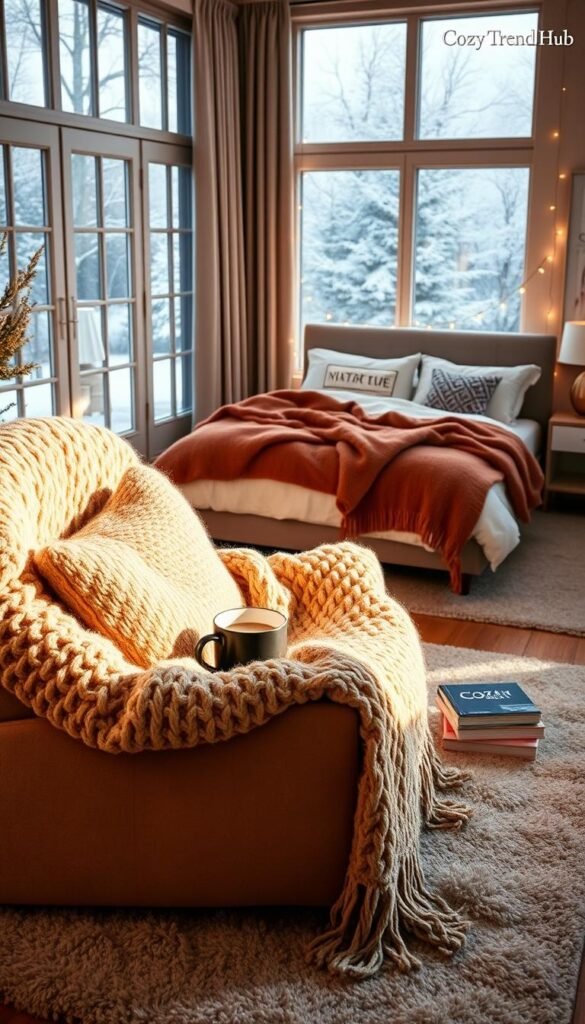 A warm and inviting winter scene inside a stylish bedroom and living room designed for ultimate comfort upgrades. In the foreground, a plush, oversized knit blanket drapes over an inviting armchair adorned with fuzzy pillows in earthy tones. A soft rug lies beneath a coffee table with steaming mugs of cocoa and a few well-loved books. The middle ground features a cozy bed with flannel sheets, layered with velvet and knitted throws, a stylish headboard, and a modern nightstand with a softly glowing lamp. In the background, frosted window panes frame a peaceful snowfall, with twinkling fairy lights enhancing the ambiance. Natural light filters in, creating a soft, golden glow that envelops the scene. This Pinterest-style lifestyle photo, branded with "CozyTrendHub," captures the essence of winter comfort, showcasing ideal home decor for the season.