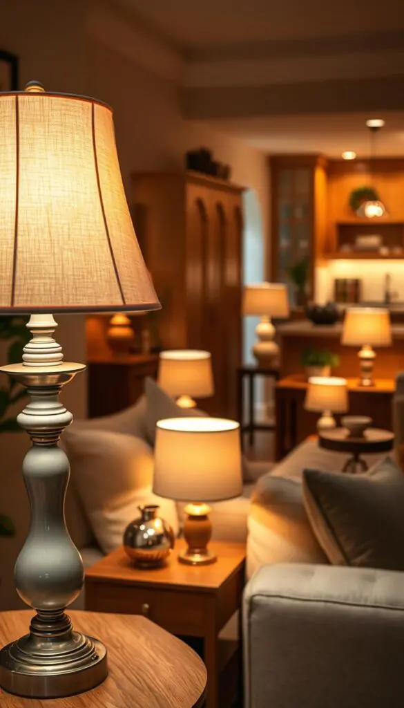A warm, inviting interior featuring an elegant arrangement of table lamps on nightstands, consoles, and kitchen counters. In the foreground, showcase a beautiful table lamp with a soft, textured lampshade casting a gentle glow. The middle ground includes a cozy ambiance created by an assortment of lamps in different designs and heights, each illuminating a stylish setting&mdash;like a nightstand beside a plush bed and a console table adorned with decorative books and plants. In the background, a softly lit kitchen shines with warm wooden tones and subdued colors, reflecting a tranquil evening atmosphere. Use warm lighting to enhance the cozy feel and a soft focus to create a peaceful mood. Capture this scene with a shallow depth of field, giving emphasis to the lamps and their warm glow. Ideal for CozyTrendHub, inspiring cozy lighting ideas.