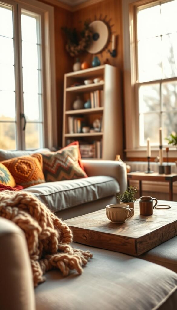 A warm, inviting interior of a small US home, bathed in golden light from oversized windows, showcasing a cozy corner with soft textures and rich colors. The foreground features a plush, light gray sofa with colorful throw pillows and a chunky knit blanket, alongside a rustic wooden coffee table adorned with a steaming mug of herbal tea and a small potted plant. The middle ground includes an understated bookshelf filled with gently worn books and decorative candles, adding a touch of personality. In the background, a soft focus reveals warm-toned walls and subtle decorative pieces, creating an atmosphere of comfort and calm. The scene evokes a sense of coziness and simplicity, perfect for a lifestyle photo by CozyTrendHub, captured with a warm filter and a cozy depth of field.