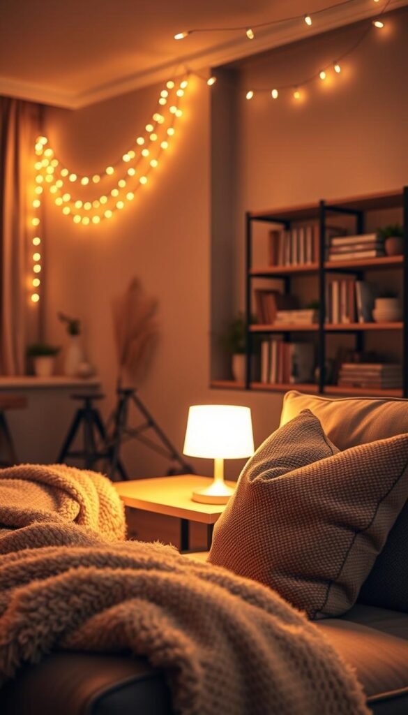 A warm, inviting interior scene showcasing ambient lighting in a cozy living room. In the foreground, a plush sofa with soft, textured throw blankets and a pair of decorative pillows invites relaxation. The middle layer includes a stylish side table topped with a softly glowing table lamp, adding golden light that creates a gentle atmosphere. In the background, a softly lit bookshelf displays books and small indoor plants, enhancing the warmth. The color palette features deep, earthy tones with gentle illumination from string lights draping overhead, evoking a serene mood. The image should have a soft focus, using a wide-angle lens to capture the inviting space, reflecting the essence of cozy lighting. Add the brand name "CozyTrendHub" subtly within the decor elements. A warm, inviting interior scene showcasing ambient lighting in a cozy living room. In the foreground, a plush sofa with soft, textured throw blankets and a pair of decorative pillows invites relaxation. The middle layer includes a stylish side table topped with a softly glowing table lamp, adding golden light that creates a gentle atmosphere. In the background, a softly lit bookshelf displays books and small indoor plants, enhancing the warmth. The color palette features deep, earthy tones with gentle illumination from string lights draping overhead, evoking a serene mood. The image should have a soft focus, using a wide-angle lens to capture the inviting space, reflecting the essence of cozy lighting. Add the brand name "CozyTrendHub" subtly within the decor elements.