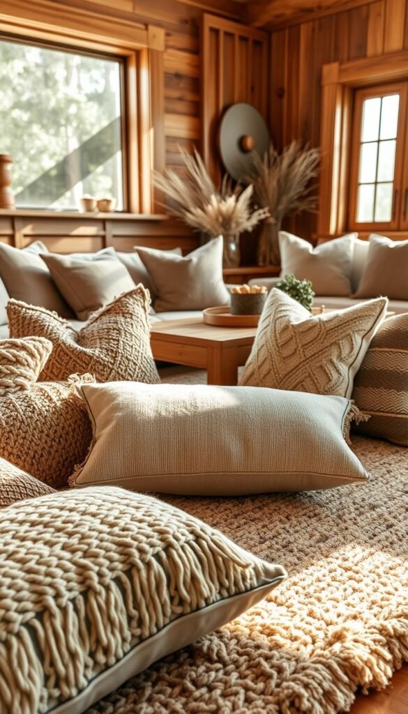 A warm, inviting living space featuring a collection of textured throw pillows arranged on a plush, cozy rug. In the foreground, the throw pillows are made of soft fabrics in neutral tones, showcasing intricate patterns that suggest warmth and comfort. The middle layer highlights a beautifully woven rug with earthy textures and colors, contributing to the overall cozy atmosphere. The background features wooden elements, such as a light oak coffee table and wood-paneled accent walls, enhancing the rustic feel. Natural light streams through a large window, casting soft, diffused shadows that create a serene ambiance. The scene embodies the essence of cozy decor, perfect for a Pinterest-inspired lifestyle photo. Ideal for CozyTrendHub's warm aesthetic. A warm, inviting living space featuring a collection of textured throw pillows arranged on a plush, cozy rug. In the foreground, the throw pillows are made of soft fabrics in neutral tones, showcasing intricate patterns that suggest warmth and comfort. The middle layer highlights a beautifully woven rug with earthy textures and colors, contributing to the overall cozy atmosphere. The background features wooden elements, such as a light oak coffee table and wood-paneled accent walls, enhancing the rustic feel. Natural light streams through a large window, casting soft, diffused shadows that create a serene ambiance. The scene embodies the essence of cozy decor, perfect for a Pinterest-inspired lifestyle photo. Ideal for CozyTrendHub's warm aesthetic.
