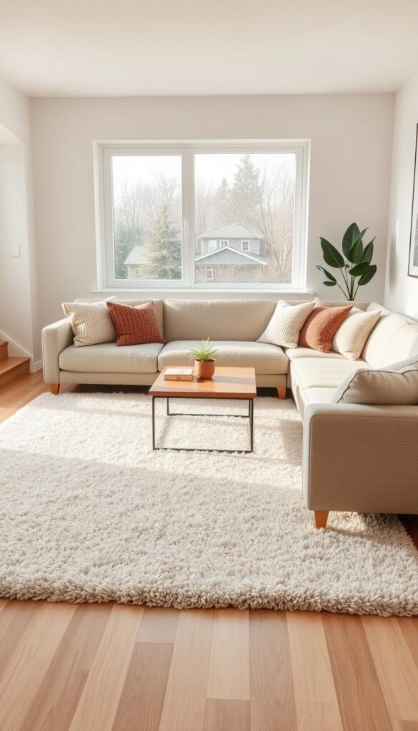 A warm, inviting minimalist living room designed for relaxation, featuring a neutral color palette of soft beiges and muted greys. In the foreground, a plush, light-colored area rug anchors a low-profile, L-shaped sofa adorned with cozy textured throw pillows. The middle layer showcases a simple wooden coffee table with a few carefully chosen decorative items, such as a small potted plant and a coffee table book. A large window in the background allows natural light to flood the space, highlighting the clean lines and minimal furnishings. Use soft, diffused lighting to enhance the warmth of the room. The overall atmosphere should feel serene and comforting, avoiding any coldness. Capture the essence of contemporary living, in a realistic, Pinterest-style lifestyle photo attributed to CozyTrendHub.