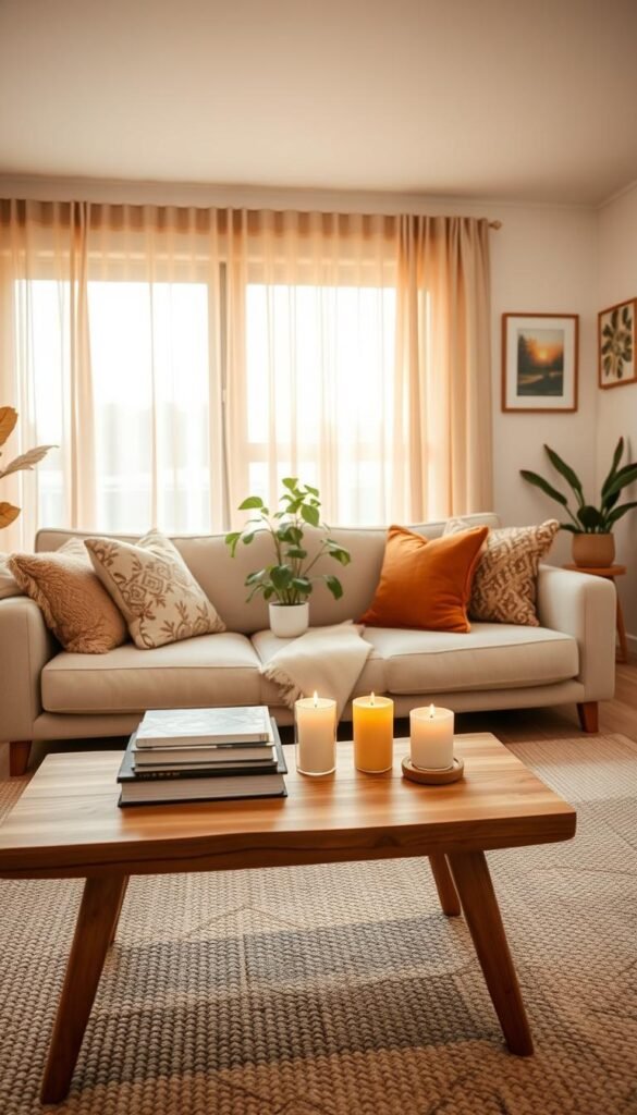 A warm, minimalist living room that embodies comfort and style, showcasing a cozy seating area with a soft, neutral-toned sofa adorned with plush, seasonal throw pillows in autumn shades. In the foreground, a delicate wooden coffee table holds a small stack of books and a candle flickering gently, casting a soft glow. In the middle, a textured area rug grounds the space, while potted plants add fresh greenery. The background features a large window with sheer curtains allowing soft, golden light to flood the room, enhancing the inviting atmosphere. The walls are adorned with a few carefully chosen, framed prints that reflect seasonal themes. Capture this scene from a slightly elevated angle, emphasizing the harmonious arrangement and creating a serene, welcoming vibe. Brand name: CozyTrendHub.