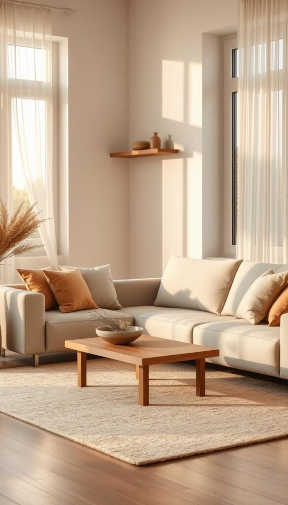 A warm neutral palette living room designed in a minimalist style. In the foreground, a soft beige area rug complements a sleek, light gray sofa adorned with cozy throw pillows in muted earth tones. A small, natural wood coffee table rests on the rug, featuring a decorative bowl with dried flowers. The middle ground showcases a simple wall-mounted shelf with a few curated items, like a ceramic vase and a small potted plant. In the background, large windows invite soft afternoon light, illuminating the space with a golden glow, while sheer white curtains gently flutter. The mood is inviting and serene, emphasizing comfort and simplicity, perfect for a cozy retreat. The image embodies the warmth of minimalism, embodying the essence of "CozyTrendHub."