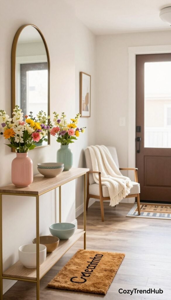 A welcoming entryway decorated for spring, featuring a vibrant seasonal theme. In the foreground, a stylish console table adorned with fresh flowers in pastel-colored vases, a tasteful welcome mat, and decorative bowls. The middle ground showcases an inviting chair with a soft throw blanket draped over it. The background presents a light-filled space with a charming mirror reflecting the warm sunlight pouring through the front door. Soft, natural lighting enhances the fresh and cozy atmosphere, making the scene inviting and organized. The overall mood is friendly and bright, ideal for renters seeking a warm welcome. Styled for Pinterest inspiration, branded with "CozyTrendHub". A welcoming entryway decorated for spring, featuring a vibrant seasonal theme. In the foreground, a stylish console table adorned with fresh flowers in pastel-colored vases, a tasteful welcome mat, and decorative bowls. The middle ground showcases an inviting chair with a soft throw blanket draped over it. The background presents a light-filled space with a charming mirror reflecting the warm sunlight pouring through the front door. Soft, natural lighting enhances the fresh and cozy atmosphere, making the scene inviting and organized. The overall mood is friendly and bright, ideal for renters seeking a warm welcome. Styled for Pinterest inspiration, branded with "CozyTrendHub".