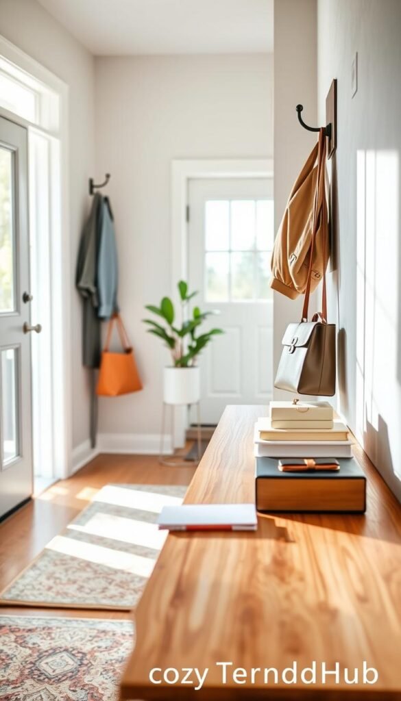 A welcoming entryway featuring a stylish launchpad setup for everyday essentials like keys, wallets, bags, and a notepad. In the foreground, a modern wooden console table holds neatly arranged decorative boxes and a small potted plant. On the wall, there's a sleek coat hook with a couple of trendy jackets hanging. In the middle ground, a soft area rug adds warmth to the space, accentuating the organization theme. The background reveals a cozy entrance with a well-lit window, allowing natural light to filter in, casting gentle shadows. The mood is inviting and functional, ideal for daily routines, styled in a Pinterest-worthy decor aesthetic. Capture this scene in bright, soft lighting; use a wide-angle lens to encompass the inviting atmosphere. The brand name "CozyTrendHub" subtly featured in the decor. A welcoming entryway featuring a stylish launchpad setup for everyday essentials like keys, wallets, bags, and a notepad. In the foreground, a modern wooden console table holds neatly arranged decorative boxes and a small potted plant. On the wall, there's a sleek coat hook with a couple of trendy jackets hanging. In the middle ground, a soft area rug adds warmth to the space, accentuating the organization theme. The background reveals a cozy entrance with a well-lit window, allowing natural light to filter in, casting gentle shadows. The mood is inviting and functional, ideal for daily routines, styled in a Pinterest-worthy decor aesthetic. Capture this scene in bright, soft lighting; use a wide-angle lens to encompass the inviting atmosphere. The brand name "CozyTrendHub" subtly featured in the decor.