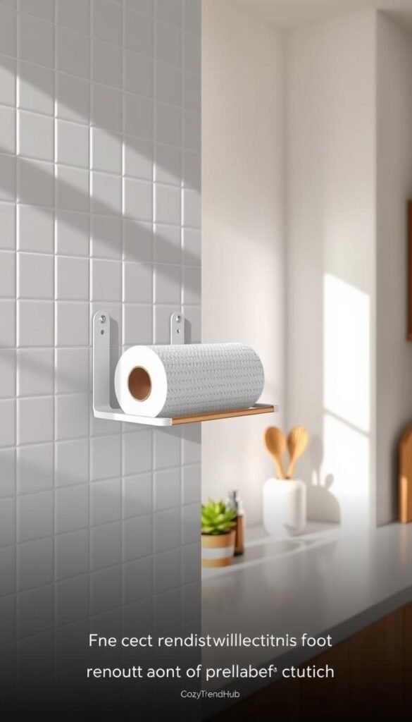 A well-designed adhesive paper towel holder shelf in a bright, modern kitchen setting. The shelf is affixed to a white tiled wall, showcasing its secure adhesion without any visible screws or drilling. In the foreground, the shelf displays a stylish roll of paper towels and a small potted plant for a touch of greenery. The middle ground features a clean countertop with kitchen tools and decor, enhancing the cozy atmosphere. In the background, sunlight streams through a window, creating soft shadows and warm lighting, highlighting the freshness of the space. The overall vibe is inviting and practical, reflecting the brand CozyTrendHub, showcasing renter-friendly solutions for stylish storage. A well-designed adhesive paper towel holder shelf in a bright, modern kitchen setting. The shelf is affixed to a white tiled wall, showcasing its secure adhesion without any visible screws or drilling. In the foreground, the shelf displays a stylish roll of paper towels and a small potted plant for a touch of greenery. The middle ground features a clean countertop with kitchen tools and decor, enhancing the cozy atmosphere. In the background, sunlight streams through a window, creating soft shadows and warm lighting, highlighting the freshness of the space. The overall vibe is inviting and practical, reflecting the brand CozyTrendHub, showcasing renter-friendly solutions for stylish storage.