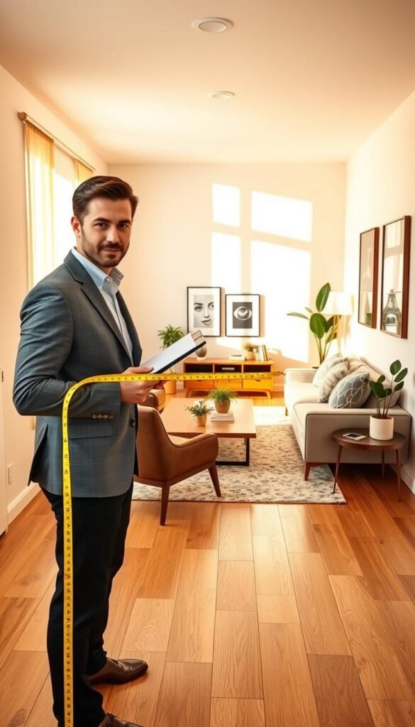 A well-measured long narrow room layout, incorporating warm, natural lighting that creates an inviting atmosphere. In the foreground, a professional-looking person in smart casual attire is holding a tape measure, assessing the space, with a clipboard in hand. The middle ground features a thoughtfully arranged selection of stylish furniture pieces, including an elongated sofa, a compact coffee table, and accent chairs that complement the narrow dimensions. The background showcases a soft-colored wall with decorative elements like framed art and houseplants that enhance the homely feel. The scene encapsulates a Pinterest-style aesthetic, emphasizing the importance of accurate measurements before making decor decisions. Ideal for showcasing a practical approach to small space assessments, reflecting the cozy and tasteful vibe of CozyTrendHub. A well-measured long narrow room layout, incorporating warm, natural lighting that creates an inviting atmosphere. In the foreground, a professional-looking person in smart casual attire is holding a tape measure, assessing the space, with a clipboard in hand. The middle ground features a thoughtfully arranged selection of stylish furniture pieces, including an elongated sofa, a compact coffee table, and accent chairs that complement the narrow dimensions. The background showcases a soft-colored wall with decorative elements like framed art and houseplants that enhance the homely feel. The scene encapsulates a Pinterest-style aesthetic, emphasizing the importance of accurate measurements before making decor decisions. Ideal for showcasing a practical approach to small space assessments, reflecting the cozy and tasteful vibe of CozyTrendHub.