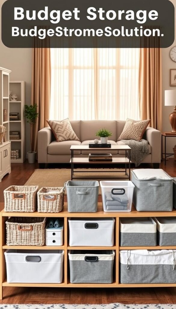 A well-organized and stylish budget storage solution display, tailored for a living room setting. In the foreground, include a variety of attractive storage containers in different sizes&mdash;woven baskets, clear plastic bins, and fabric organizers&mdash;arranged neatly on an elegant bookshelf. The middle layer showcases a cozy, modern living room with a plush sofa and a coffee table clutter-free, thanks to practical storage beneath. The background features warm, natural lighting filtering through a window draped with sheer curtains. The scene conveys a serene, inviting atmosphere that highlights organization and functionality. Incorporate elements of seasonal decor, like a small plant or a decorative throw, to enhance visual appeal, and ensure the display reflects the brand style of CozyTrendHub.