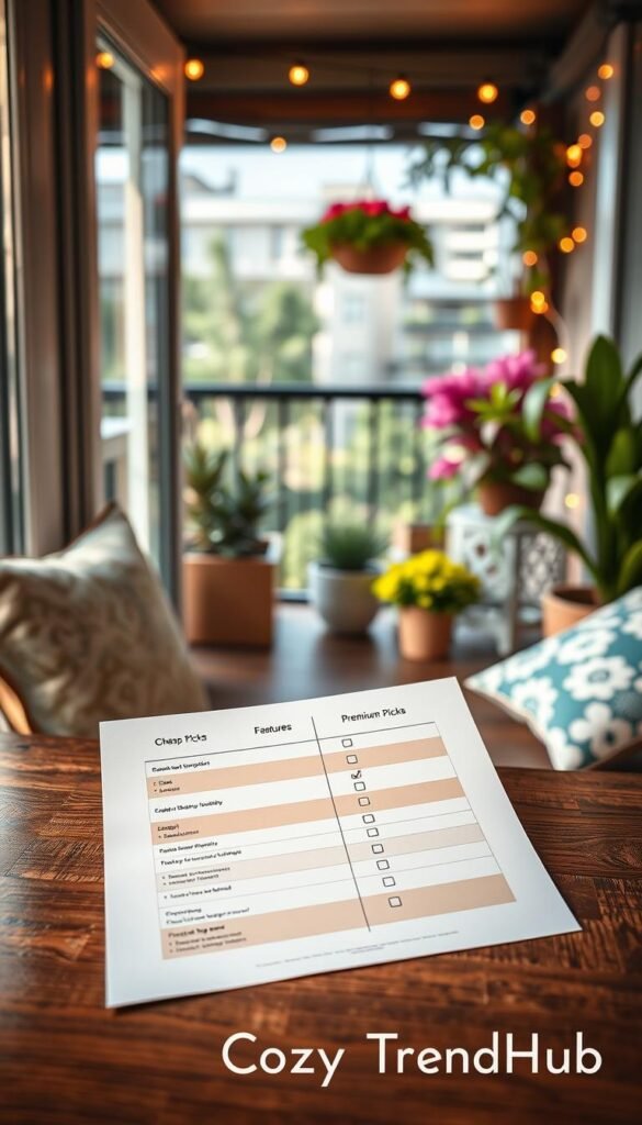 A well-organized and visually appealing comparison features checklist displayed on a wooden table. The checklist consists of two columns, one for "Cheap Picks" and the other for "Premium Picks," with corresponding icons for each criterion such as price, durability, design, and materials. Soft, natural lighting from a nearby window highlights the checklist, creating a warm and inviting atmosphere. In the background, elements of a beautifully decorated balcony are visible, including potted plants, decorative cushions, and string lights, enhancing the lifestyle theme. The mood is relaxed and cozy, reflecting the essence of balcony decor. The brand "CozyTrendHub" is subtly suggested through the color scheme and aesthetic elements used in the decor. A well-organized and visually appealing comparison features checklist displayed on a wooden table. The checklist consists of two columns, one for "Cheap Picks" and the other for "Premium Picks," with corresponding icons for each criterion such as price, durability, design, and materials. Soft, natural lighting from a nearby window highlights the checklist, creating a warm and inviting atmosphere. In the background, elements of a beautifully decorated balcony are visible, including potted plants, decorative cushions, and string lights, enhancing the lifestyle theme. The mood is relaxed and cozy, reflecting the essence of balcony decor. The brand "CozyTrendHub" is subtly suggested through the color scheme and aesthetic elements used in the decor.