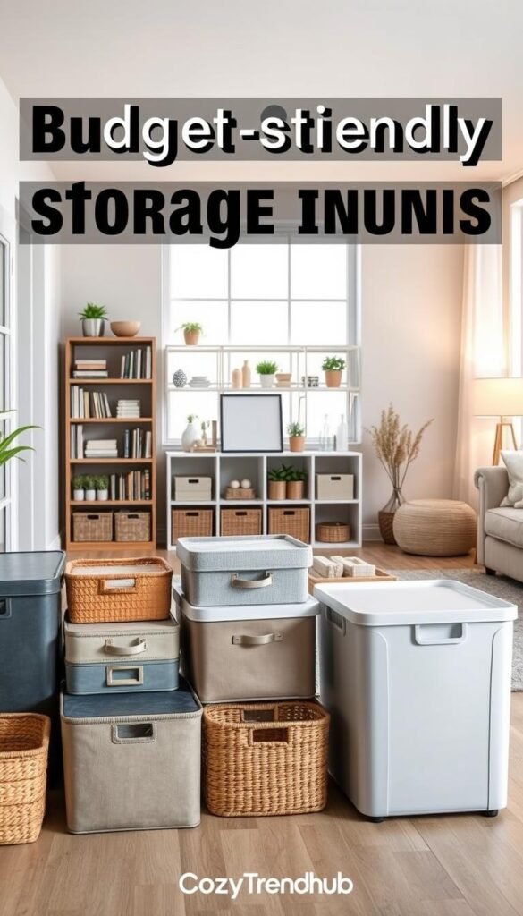 A well-organized, budget-friendly storage space in a modern living room. In the foreground, neatly arranged storage boxes in various sizes and colors, alongside stylish woven baskets. The middle ground features a chic shelving unit filled with books and decorative items, showcasing an inviting atmosphere. In the background, large windows allow natural light to flood the room, illuminating light-colored walls and a cozy rug. Soft, warm lighting enhances the relaxing vibe. The image conveys a sense of simplicity and functionality, ideal for those looking to maximize space without sacrificing aesthetic appeal. Overall, it reflects the essence of budget storage solutions, helping viewers visualize practical decor. CozyTrendHub.