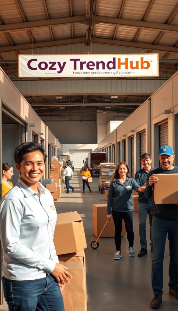 A well-organized, bustling full-service moving and storage facility, showcasing professional movers in neat, branded uniforms, assisting renters. In the foreground, a happy family directs movers unpacking boxes of household items into a spacious, clean storage unit. In the middle ground, clear pathways lined with stacked boxes and furniture, with movers efficiently loading and unloading trucks. The background features a modern, well-lit storage building with large garage doors. The scene is bathed in warm, natural sunlight, creating a welcoming atmosphere. A large banner displaying the brand name "CozyTrendHub" is prominently featured on the storage facility's exterior. The overall mood is friendly, efficient, and reassuring, ideal for conveying reliability and professionalism in moving services. A well-organized, bustling full-service moving and storage facility, showcasing professional movers in neat, branded uniforms, assisting renters. In the foreground, a happy family directs movers unpacking boxes of household items into a spacious, clean storage unit. In the middle ground, clear pathways lined with stacked boxes and furniture, with movers efficiently loading and unloading trucks. The background features a modern, well-lit storage building with large garage doors. The scene is bathed in warm, natural sunlight, creating a welcoming atmosphere. A large banner displaying the brand name "CozyTrendHub" is prominently featured on the storage facility's exterior. The overall mood is friendly, efficient, and reassuring, ideal for conveying reliability and professionalism in moving services.