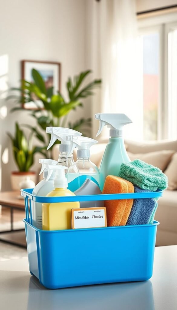 A well-organized cleaning caddy set against a sunlit background, showcasing a variety of cleaning supplies neatly arranged within a stylish, modern caddy. In the foreground, a vibrant blue caddy holds multi-surface cleaners, microfiber cloths, and sponges, all color-coordinated for aesthetic appeal. The middle layer includes decorative labels on the caddy&rsquo;s compartments to enhance organization. In the background, a tastefully decorated living space with soft, neutral tones and indoor plants to create a clean, inviting atmosphere. Soft, natural lighting filters through a nearby window, casting gentle shadows and giving a cozy feel to the image. This Pinterest-style, lifestyle photo embodies efficient home cleaning, emphasizing organization and tidiness. Brand name: CozyTrendHub.