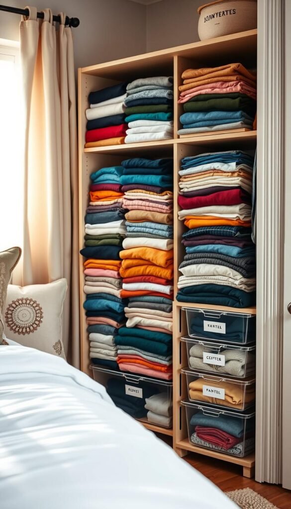 A well-organized closet displaying neatly file-folded clothes, showcasing an array of colorful t-shirts, jeans, and sweaters, artistically arranged in an accessible manner. In the foreground, focus on a compact shelving unit with clear, labeled containers, allowing visibility of the folded clothes. The middle ground features a neatly made bed with decorative pillows, complementing the closet's aesthetic. The background includes soft, natural lighting streaming through a window, casting gentle shadows that enhance the cozy atmosphere. The scene is styled to perfection, emphasizing a Pinterest-worthy interior with warm tones and minimalistic decor, reflecting modern home organization trends. Captured from a slightly elevated angle, giving a comprehensive view while evoking a feeling of tranquility and order. Perfect for CozyTrendHub.