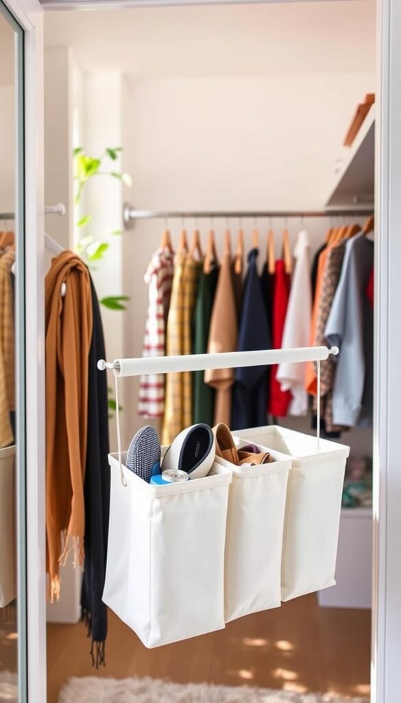 A well-organized closet featuring a tension rod for storage, elegantly styled to reflect modern home decor. In the foreground, a sleek tension rod holds a series of lightweight fabric bins, neatly arranged with various household items like scarves, shoes, and cleaning supplies. The middle ground showcases a variety of hangers holding colorful clothing, enhancing the vibrant aesthetic. The background consists of an inviting closet space with soft white walls and subtle greenery peeking through, creating a fresh atmosphere. Warm, natural lighting fills the space, highlighting the textures of the fabrics and the organization efficiency. Capture this scene with a slightly elevated angle for a comprehensive view. This Pinterest-style image aligns with current storage trends, branded as CozyTrendHub.