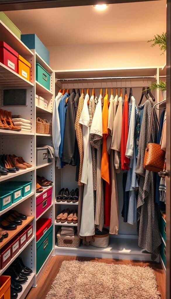 A well-organized closet featuring clearly defined zones for optimal space utilization. In the foreground, showcase neatly arranged shelves filled with colorful storage bins and labeled boxes, displaying a variety of items like shoes, accessories, and seasonal clothing. In the middle, hang clothes organized by category&mdash;shirts, dresses, and pants&mdash;all color-coordinated, with some stylish hooks for bags and scarves. The background should depict soft, ambient lighting that creates a warm and inviting atmosphere, complemented by a bright, neutral wall color and stylish decor accents like plants or framed art. Capture the scene from a slightly elevated angle to highlight the organized layout. This cozy and functional space reflects modern home decor trends, inspired by the aesthetic of CozyTrendHub.