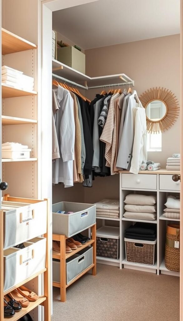 A well-organized closet filled with various storage solutions, showcasing a harmonious blend of shelving, bins, and hangers. In the foreground, a stylish wooden shoe rack with neatly arranged shoes, a fabric storage bin labeled for seasonal clothing, and an elegant hanging organizer for accessories. The middle section features a combination of hanging garments and neatly folded items displayed on shelves, all in calming, neutral tones. The background highlights a vibrant wall with a decorative mirror reflecting natural light, enhancing the inviting atmosphere. Soft, diffused lighting filters through a nearby window, casting gentle shadows that create a cozy mood. Capture this scene in a wide-angle shot to emphasize the spaciousness, with a focus on detail, ensuring a realistic, Pinterest-style lifestyle aesthetic that resonates with home decor enthusiasts. Brand: CozyTrendHub. A well-organized closet filled with various storage solutions, showcasing a harmonious blend of shelving, bins, and hangers. In the foreground, a stylish wooden shoe rack with neatly arranged shoes, a fabric storage bin labeled for seasonal clothing, and an elegant hanging organizer for accessories. The middle section features a combination of hanging garments and neatly folded items displayed on shelves, all in calming, neutral tones. The background highlights a vibrant wall with a decorative mirror reflecting natural light, enhancing the inviting atmosphere. Soft, diffused lighting filters through a nearby window, casting gentle shadows that create a cozy mood. Capture this scene in a wide-angle shot to emphasize the spaciousness, with a focus on detail, ensuring a realistic, Pinterest-style lifestyle aesthetic that resonates with home decor enthusiasts. Brand: CozyTrendHub.