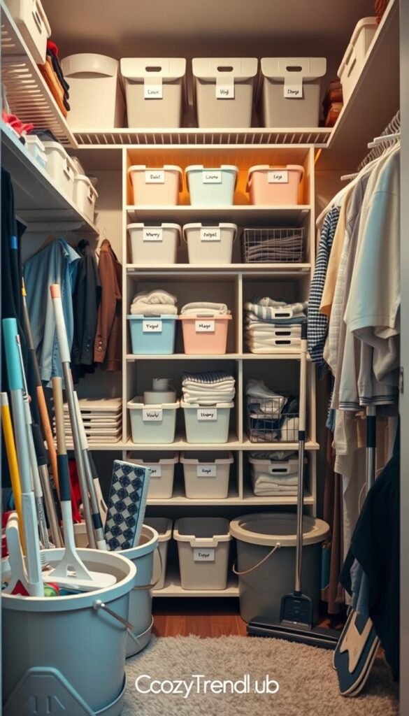A well-organized closet space showcasing practical closet storage solutions for bulky cleaning gear, focusing on various organizers like shelves, bins, and hangers. In the foreground, neatly arranged cleaning supplies and tools such as mops, brooms, and buckets are shown in stylish containers. The middle layer features a tall shelving unit with labeled bins in soft pastel colors, providing a harmonious look. The background presents a cozy closet atmosphere with warm, soft lighting illuminating the space, creating an inviting and tidy environment. The angle should provide a slightly elevated view, emphasizing the organized layout. This image should reflect a Pinterest-style aesthetic, embodying a functional yet appealing design, branded with "CozyTrendHub".