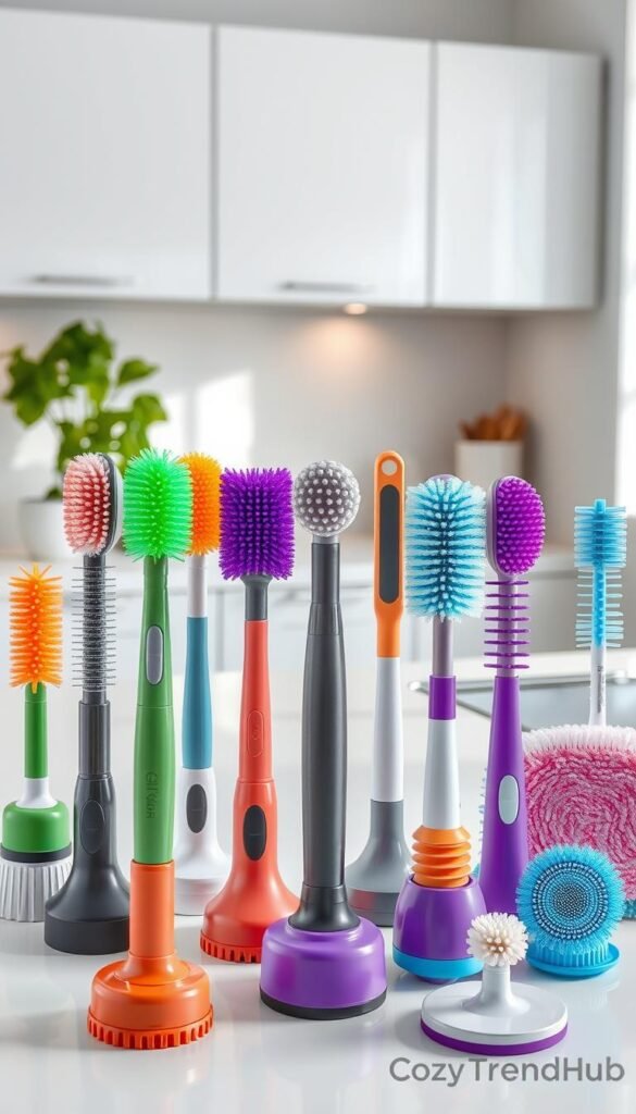 A well-organized collection of various cleaning brush attachments displayed on a clean, modern kitchen countertop. In the foreground, a variety of colorful, ergonomic brush heads specifically designed for different surface types, such as soft bristles, stiff bristles, and specialized scrubbing pads. The middle ground features a sleek, minimalist kitchen setting, with soft, natural lighting highlighting the texture of the brushes and their high-quality materials. In the background, a stylish kitchen cabinet adorned with potted herbs adds a touch of warmth to the image. The mood is fresh and inviting, emphasizing a renter-friendly, clean aesthetic. This scene embodies a practical, elegant approach to kitchen cleaning tools, branded as "CozyTrendHub."