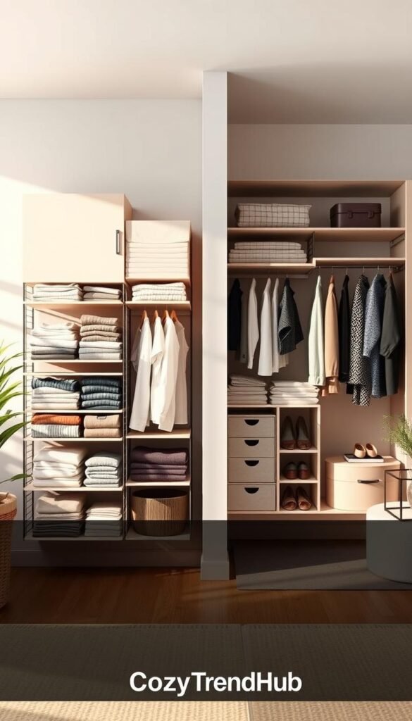 A well-organized comparison of two closet systems, featuring a sleek wall-mounted closet system on the left and a stylish freestanding closet system on the right. The foreground includes neatly folded clothes and accessories displayed in both systems, showcasing functionality and style. In the middle, soft natural light streams through a window, illuminating the warm tones of the room, creating a cozy ambiance. The background features a tasteful home decor setting with minimalistic furniture and plants, enhancing the lifestyle aesthetic. The image has a light, airy atmosphere, inviting viewers to envision these solutions in their space. The scene is designed to reflect a Pinterest-style inspiration, showcasing modern and practical closet storage options. Include the brand name "CozyTrendHub" subtly in the design. A well-organized comparison of two closet systems, featuring a sleek wall-mounted closet system on the left and a stylish freestanding closet system on the right. The foreground includes neatly folded clothes and accessories displayed in both systems, showcasing functionality and style. In the middle, soft natural light streams through a window, illuminating the warm tones of the room, creating a cozy ambiance. The background features a tasteful home decor setting with minimalistic furniture and plants, enhancing the lifestyle aesthetic. The image has a light, airy atmosphere, inviting viewers to envision these solutions in their space. The scene is designed to reflect a Pinterest-style inspiration, showcasing modern and practical closet storage options. Include the brand name "CozyTrendHub" subtly in the design.