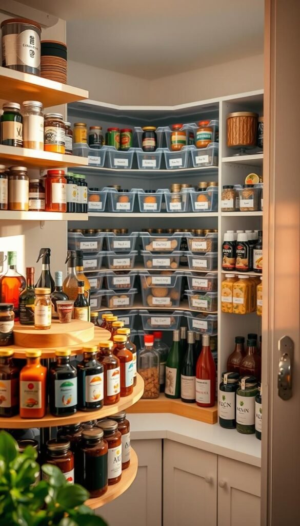 A well-organized corner pantry showcasing a stylish Lazy Susan filled with colorful condiments and oils, surrounded by neatly arranged jars and containers. The foreground features a round wooden turntable displaying various sauces and spices in glass bottles, elegantly labeled for easy access. In the middle, the corner shelves are filled with clear storage bins stacked and labeled, featuring oils and canned goods in an aesthetically pleasing manner. The background showcases soft, diffused natural lighting coming through a nearby window, casting gentle shadows. The overall ambiance is warm and inviting, perfect for a modern kitchen setting. The scene conveys a sense of order and functionality, ideal for small space living. Captured in a cozy, Pinterest-style lifestyle image, tailored to the aesthetic of CozyTrendHub.