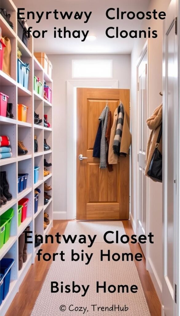 A well-organized entryway closet designed for busy homes, showcasing a modern and functional space. In the foreground, neatly arranged shelves filled with colorful bins and labeled storage boxes, along with a shoe rack displaying various stylish footwear. The middle ground features a tidy hanging area with winter coats, scarves, and bags hung on sleek hooks, creating an inviting atmosphere. In the background, a warm wooden door with a small window allows soft, natural light to flood the space. The setting reflects a cozy, minimalist aesthetic, invoking feelings of comfort and order. The image is captured from a slightly elevated angle, offering a broad view of the closet, with soft, diffused lighting that enhances the welcoming vibe. Inspired by Pinterest-style decor from CozyTrendHub.