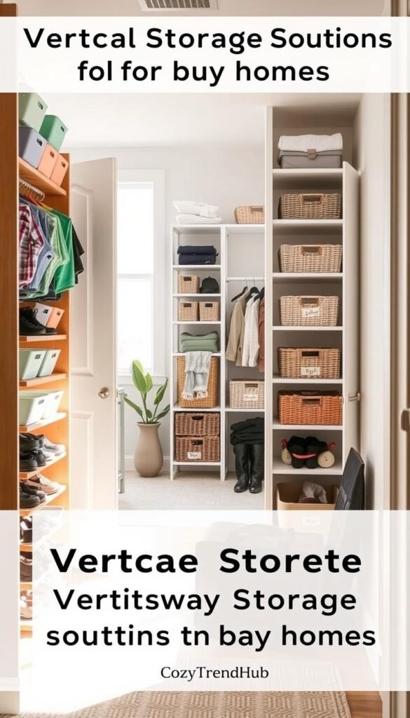 A well-organized entryway closet showcasing vertical storage solutions for busy homes. In the foreground, a wooden shoe rack with neatly arranged shoes, colorful hanging organizers on the closet door, and labeled bins stacked on shelves, all in soft pastel colors. The middle ground features a tall, narrow shelving unit filled with baskets for accessories, winter gear, and bags, set against a clean, light-colored wall. Soft, natural lighting from a nearby window casts gentle shadows, creating a warm, inviting atmosphere. The background includes a glimpse of an entryway with a small potted plant and a stylish mirror, enhancing the cozy feel. This Pinterest-style image reflects optimal closet storage strategies, branded with "CozyTrendHub". A well-organized entryway closet showcasing vertical storage solutions for busy homes. In the foreground, a wooden shoe rack with neatly arranged shoes, colorful hanging organizers on the closet door, and labeled bins stacked on shelves, all in soft pastel colors. The middle ground features a tall, narrow shelving unit filled with baskets for accessories, winter gear, and bags, set against a clean, light-colored wall. Soft, natural lighting from a nearby window casts gentle shadows, creating a warm, inviting atmosphere. The background includes a glimpse of an entryway with a small potted plant and a stylish mirror, enhancing the cozy feel. This Pinterest-style image reflects optimal closet storage strategies, branded with "CozyTrendHub".
