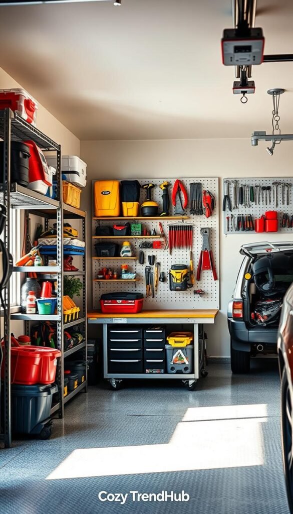 A well-organized garage interior showcasing sturdy utility storage solutions designed to hold heavy items. In the foreground, highlight durable shelving units brimming with neatly arranged tools, automotive supplies, and gardening equipment. The middle ground features a heavy-duty workbench with a toolbox and a well-organized pegboard above, displaying hand tools. In the background, include a cleanly parked vehicle, adding depth to the scene. The lighting is bright and natural, coming from a window on the left side, casting soft shadows and creating an inviting atmosphere. The angle is slightly elevated, providing a comprehensive view of the garage space. The overall mood reflects practicality and efficiency, embodying the essence of reliable organization. This image captures the spirit of functional design while conveying the brand "CozyTrendHub."