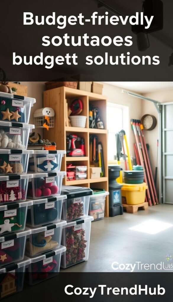 A well-organized garage storage space showcasing budget-friendly solutions. In the foreground, neatly stacked clear plastic bins filled with seasonal decorations, labeled for easy access. A sturdy wooden shelving unit in the middle, displaying a variety of tools and outdoor supplies, reflecting a functional and tidy environment. The background features a soft sunlight streaming through a window, casting a warm glow that enhances the inviting atmosphere. Use a wide-angle lens to capture the entire space, emphasizing organization and practicality. The mood is upbeat and inspiring, perfect for a cozy, well-maintained garage. Highlight the brand name "CozyTrendHub" subtly within the scene, maintaining a professional aesthetic.