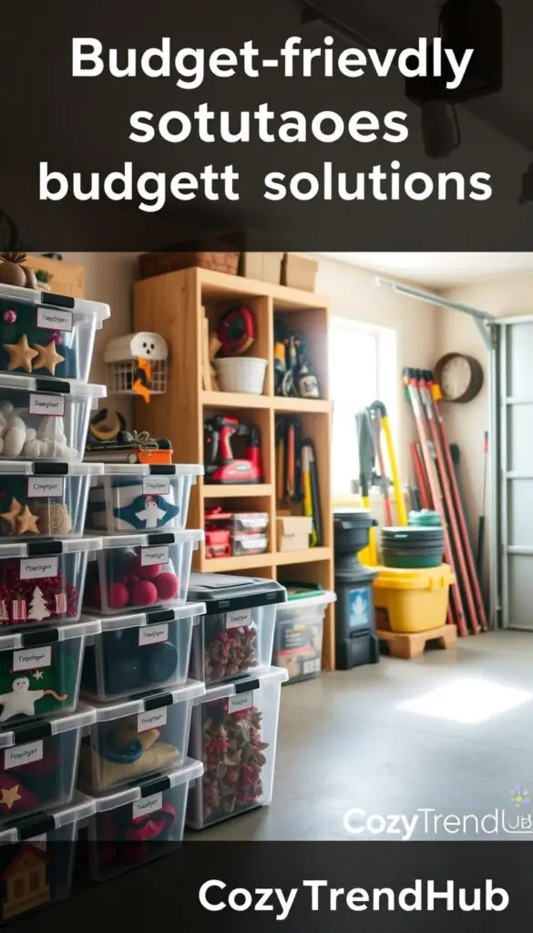 A well-organized garage storage space showcasing budget-friendly solutions. In the foreground, neatly stacked clear plastic bins filled with seasonal decorations, labeled for easy access. A sturdy wooden shelving unit in the middle, displaying a variety of tools and outdoor supplies, reflecting a functional and tidy environment. The background features a soft sunlight streaming through a window, casting a warm glow that enhances the inviting atmosphere. Use a wide-angle lens to capture the entire space, emphasizing organization and practicality. The mood is upbeat and inspiring, perfect for a cozy, well-maintained garage. Highlight the brand name "CozyTrendHub" subtly within the scene, maintaining a professional aesthetic. A well-organized garage storage space showcasing budget-friendly solutions. In the foreground, neatly stacked clear plastic bins filled with seasonal decorations, labeled for easy access. A sturdy wooden shelving unit in the middle, displaying a variety of tools and outdoor supplies, reflecting a functional and tidy environment. The background features a soft sunlight streaming through a window, casting a warm glow that enhances the inviting atmosphere. Use a wide-angle lens to capture the entire space, emphasizing organization and practicality. The mood is upbeat and inspiring, perfect for a cozy, well-maintained garage. Highlight the brand name "CozyTrendHub" subtly within the scene, maintaining a professional aesthetic.
