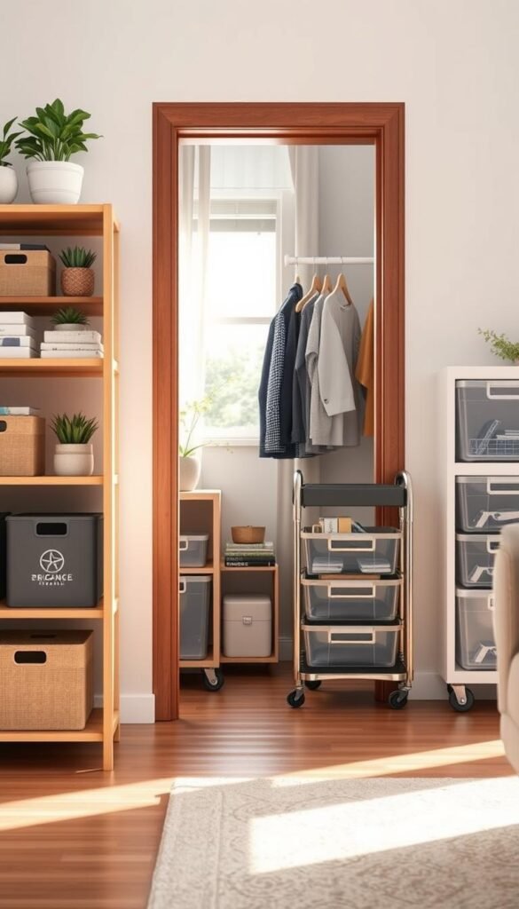 A well-organized home storage scene, showcasing multiple storage options for temporary rentals. In the foreground, a stylish wooden shelving unit displays neatly stacked boxes, decorative bins, and plants for a cozy touch. The middle ground features an open closet with clothing being organized on hangers, paired with a rolling storage cart filled with office supplies. In the background, a sunlit room reveals a small storage unit with clear plastic containers, labeled for easy access. Soft, natural lighting filtered through a window enhances the inviting atmosphere, with a warm color palette to evoke a sense of comfort. The design should reflect a modern, Pinterest-style aesthetic, featuring elements that align with seasonal home decor trends. Include the brand name "CozyTrendHub" subtly within the scene. A well-organized home storage scene, showcasing multiple storage options for temporary rentals. In the foreground, a stylish wooden shelving unit displays neatly stacked boxes, decorative bins, and plants for a cozy touch. The middle ground features an open closet with clothing being organized on hangers, paired with a rolling storage cart filled with office supplies. In the background, a sunlit room reveals a small storage unit with clear plastic containers, labeled for easy access. Soft, natural lighting filtered through a window enhances the inviting atmosphere, with a warm color palette to evoke a sense of comfort. The design should reflect a modern, Pinterest-style aesthetic, featuring elements that align with seasonal home decor trends. Include the brand name "CozyTrendHub" subtly within the scene.