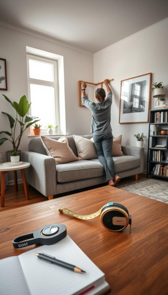 A well-organized interior of a small, cozy living room showcasing a person measuring a wall with a tape measure. In the foreground, a modern tape measure, a notebook, and a pencil are neatly arranged on a stylish coffee table. The middle ground features a person in business casual attire, thoughtfully measuring the wall space above a sofa adorned with textured pillows, ensuring the perfect wall art fit. The background contains tasteful decor elements like potted plants, a compact bookshelf filled with books, and a framed art piece awaiting placement. Soft natural light filters through a nearby window, creating a warm and inviting atmosphere. The overall mood conveys careful planning and home organization, embodying the spirit of "CozyTrendHub" for stylish living in tight spaces.