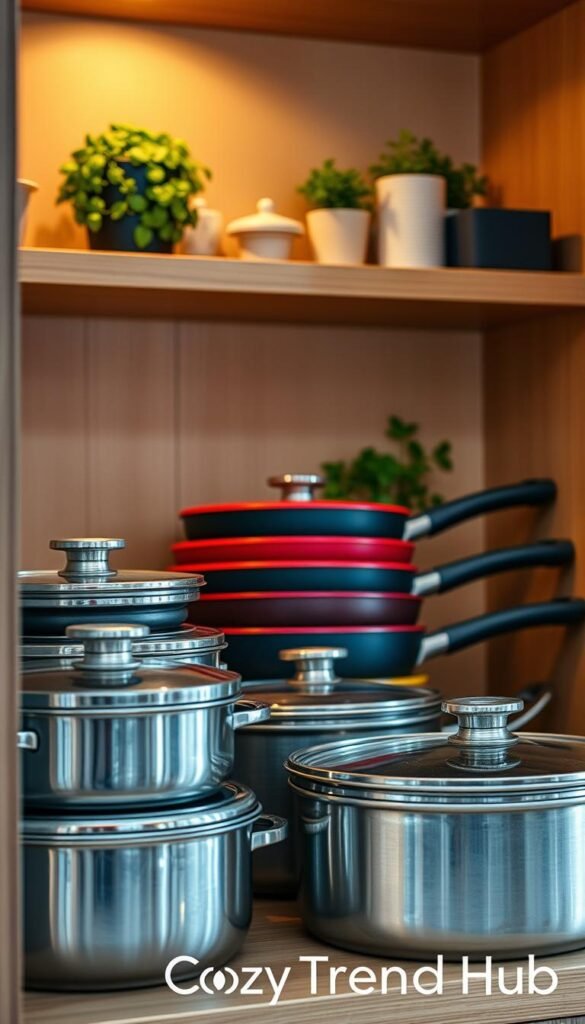 A well-organized kitchen cabinet showcasing pots and pans in a visually appealing manner. In the foreground, neatly stacked pots made of stainless steel and non-stick materials, with matching lids carefully placed beside them. In the middle, a set of colorful, nested frying pans, transitioning from a vibrant red to a deep blue. The background features soft, warm lighting highlighting a minimally styled kitchen with wooden shelves, subtle decorative elements like herb plants, and a cozy ambiance. The angle captures a three-quarter view, emphasizing both the pots and the overall space efficiency. The atmosphere evokes a sense of calm and organization, perfect for a modern kitchen setting. Brand name "CozyTrendHub" subtly integrated into the scene.