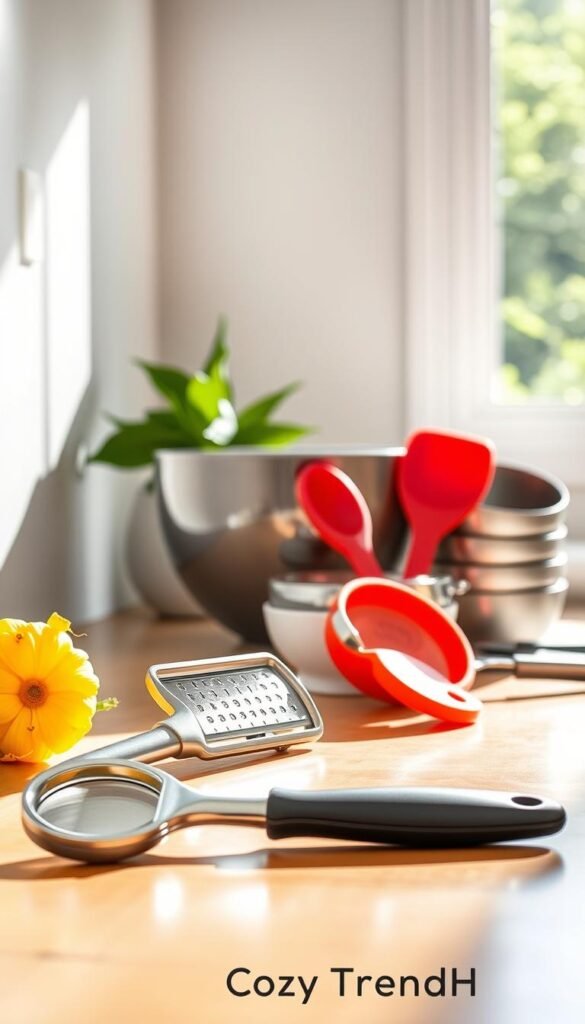 A well-organized kitchen countertop displaying various high-quality kitchen gadgets and gear, arranged in an aesthetically pleasing manner. In the foreground, feature a sleek, stainless steel vegetable peeler, a vibrant silicone spatula, and a versatile mandoline slicer, all sparkling under bright, natural daylight. The middle layer includes a stylish ceramic mixing bowl and an elegant set of measuring cups, adding depth to the composition. In the background, a sunlit kitchen window enhances the warmth of the scene, with soft greenery visible outside, creating a fresh atmosphere. The image should reflect a modern, tidy kitchen environment, embodying the practicality and durability of these tested gadgets. Rendered in a Pinterest-style lifestyle photo to attract home decor enthusiasts, with careful attention to detail, ensuring no text or watermarks. CozyTrendHub branding subtly integrated into the decor.