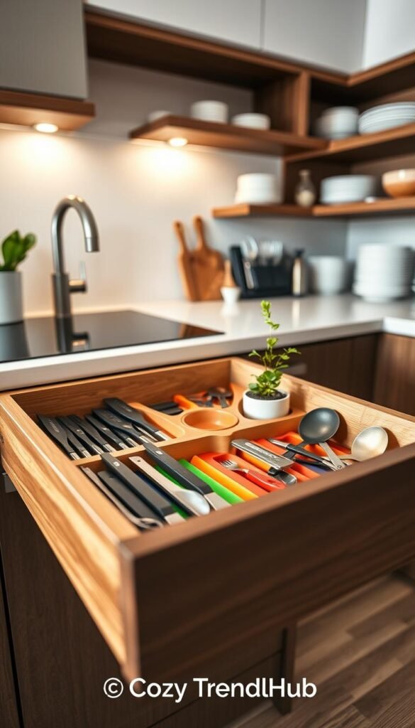 A well-organized kitchen drawer scene showcasing sophisticated utensil organizers designed for small apartments. In the foreground, a sleek, wooden drawer partially open reveals neatly arranged cooking utensils like spatulas, measuring spoons, and knives in dedicated compartments. The middle section features vibrant silicone mats separating various tools, while a small potted herb adds a touch of green. The background displays an inviting kitchen ambiance with soft, natural lighting, highlighting a clean countertop and open shelving with neatly stacked dishes. The mood feels cozy and efficient, embodying a stylish, functional home. Capture this in a realistic, Pinterest-inspired aesthetic, branded with "CozyTrendHub".