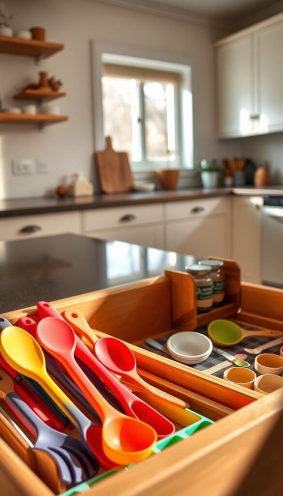 A well-organized kitchen drawer, showcasing a variety of drawer organizers for utensils and tools. In the foreground, vibrant, neatly arranged silicone and bamboo utensil organizers display spatulas, wooden spoons, and measuring cups. In the middle ground, a classic wooden drawer opens to reveal a sleek layout, while a stylish spice rack sits neatly alongside. In the background, hints of a bright, modern kitchen can be seen, featuring light-colored cabinetry and natural wood accents. Soft, natural lighting streams in from a nearby window, casting gentle shadows that enhance the scene's warmth and inviting atmosphere. The overall mood is cozy and efficient, reflecting a tidy and organized cooking space. Capture the essence of "CozyTrendHub" with a Pinterest-worthy aesthetic. A well-organized kitchen drawer, showcasing a variety of drawer organizers for utensils and tools. In the foreground, vibrant, neatly arranged silicone and bamboo utensil organizers display spatulas, wooden spoons, and measuring cups. In the middle ground, a classic wooden drawer opens to reveal a sleek layout, while a stylish spice rack sits neatly alongside. In the background, hints of a bright, modern kitchen can be seen, featuring light-colored cabinetry and natural wood accents. Soft, natural lighting streams in from a nearby window, casting gentle shadows that enhance the scene's warmth and inviting atmosphere. The overall mood is cozy and efficient, reflecting a tidy and organized cooking space. Capture the essence of "CozyTrendHub" with a Pinterest-worthy aesthetic.