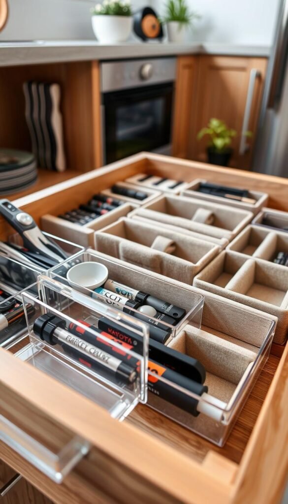 A well-organized kitchen drawer, showcasing various drawer dividers and modular trays designed for optimal organization of everyday items. In the foreground, the focus is on sleek, clear acrylic dividers neatly holding utensils, batteries, and small tools, highlighting a minimalist aesthetic. The middle ground features a variety of fabric-lined trays in muted earth tones, arranged in a way that invites a sense of order and calm. The wooden drawer itself has a warm finish, complemented by soft, diffused lighting that casts gentle shadows, creating a cozy atmosphere. In the background, a hint of a modern kitchen with stylish cabinet doors and potted herbs can be seen, enhancing the overall homely vibe. Ideal for Pinterest-style lifestyle inspiration, capturing the essence of effective organization. Brand name: CozyTrendHub.