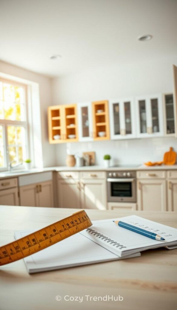A well-organized kitchen layout featuring various cabinet sizes and measurements prominently displayed. In the foreground, a stylish wooden tape measure sits alongside a sleek notepad and a pencil, symbolizing the preparation for cabinet organizer selection. The middle ground showcases an array of kitchen cabinets in different styles&mdash;some with open shelving, others closed, demonstrating various storage solutions. The background highlights a bright, airy kitchen environment, filled with warm, natural light filtering through large windows, accentuating the clean lines and modern decor. The atmosphere is welcoming and functional, representing a harmonious balance between aesthetics and practicality. The scene reflects a Pinterest-style lifestyle, ideal for anyone looking to maximize kitchen storage efficiently. Brand name: CozyTrendHub.
