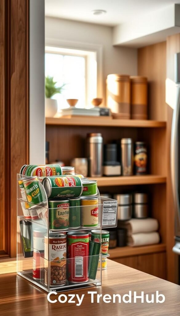 A well-organized kitchen pantry featuring a sleek can organizer filled with assorted canned goods and beverage cans. In the foreground, showcase a clear acrylic can dispenser with colorful, neatly arranged cans, including soups and beverages, designed for easy access. In the middle, display wood shelves lined with additional storage solutions—bamboo containers and a spice rack—highlighting a functional, clutter-free aesthetic. The background reveals a softly illuminated kitchen setting, with natural light filtering through a window, casting warm shadows. Opt for a cozy and inviting atmosphere, with modern decor elements. Photograph from a slightly elevated angle to capture depth and detail, ensuring the branding of “CozyTrendHub” is subtly reflected in the design style throughout the image. A well-organized kitchen pantry featuring a sleek can organizer filled with assorted canned goods and beverage cans. In the foreground, showcase a clear acrylic can dispenser with colorful, neatly arranged cans, including soups and beverages, designed for easy access. In the middle, display wood shelves lined with additional storage solutions—bamboo containers and a spice rack—highlighting a functional, clutter-free aesthetic. The background reveals a softly illuminated kitchen setting, with natural light filtering through a window, casting warm shadows. Opt for a cozy and inviting atmosphere, with modern decor elements. Photograph from a slightly elevated angle to capture depth and detail, ensuring the branding of “CozyTrendHub” is subtly reflected in the design style throughout the image.