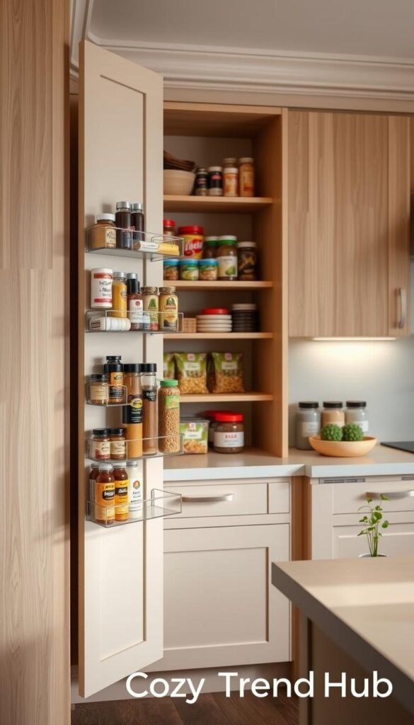 A well-organized kitchen pantry featuring innovative door cabinet storage solutions designed for small spaces. In the foreground, highlight a stylish cabinet door fitted with sleek, pull-out storage racks that cleverly hold spices and condiments. In the middle, showcase neatly arranged shelves displaying labeled jars of pasta, beans, and snacks, all complemented by warm, natural wood tones. The background includes a softly lit kitchen area with light shades that reflect an inviting atmosphere. Use soft, diffused lighting to create a cozy and functional vibe, evoking a Pinterest-worthy lifestyle. Capture this scene from a slight angle to emphasize depth. Include subtle touches of greenery through small herb pots, enhancing the aesthetic. The brand name "CozyTrendHub" is reflected in the overall harmony of design and practicality.