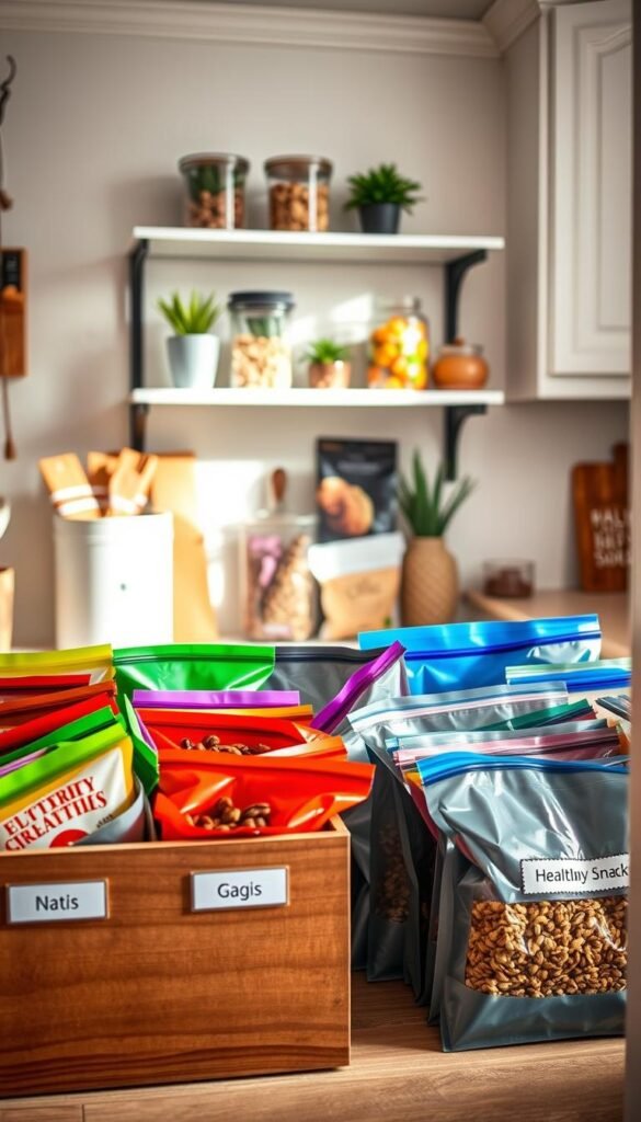 A well-organized kitchen pantry showcasing an inviting bag storage solution. In the foreground, colorful resealable bags filled with various snacks like nuts, dried fruit, and granola are neatly arranged in labeled bins with a rustic wood finish. The middle ground features a stylish shelf with clear containers holding healthier snack options, complemented by small decorative plants. The background reveals a softly lit kitchen with warm tones, white cabinetry, and natural light streaming in from a window, creating a cozy atmosphere. Use a shallow depth of field to emphasize the foreground while adding a touch of warmth through ambient lighting. This image should reflect modern, Pinterest-style home decor, in line with the brand "CozyTrendHub."