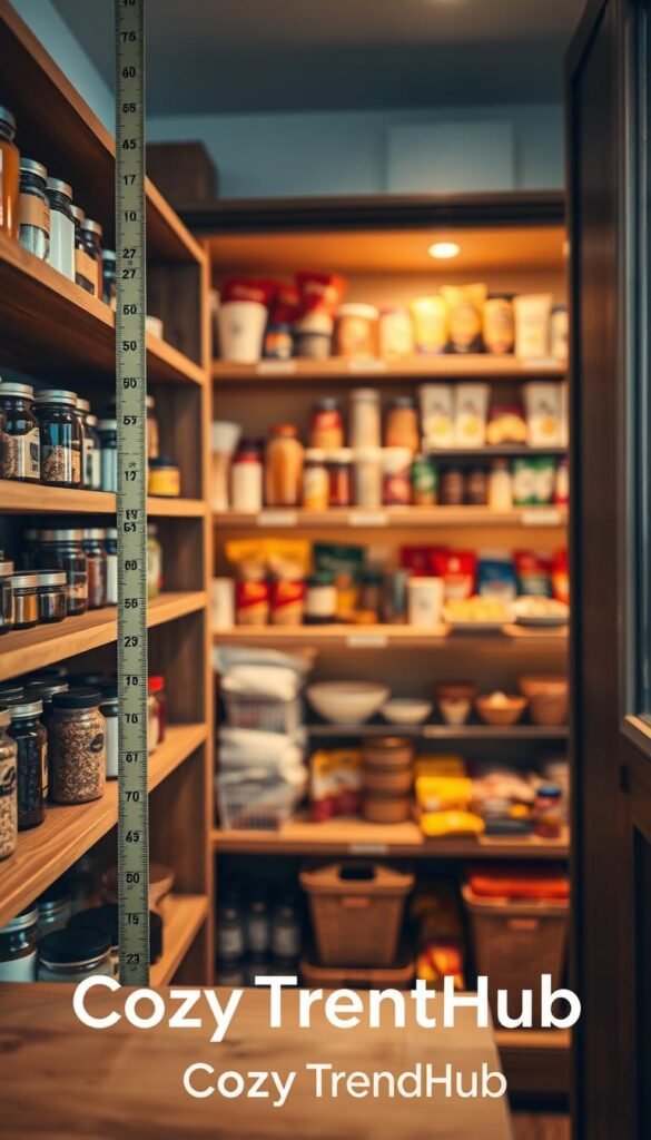 A well-organized kitchen pantry showcasing clear shelf dimensions being measured. In the foreground, a tape measure extends across a well-stocked wooden shelf filled with jars and containers, emphasizing optimal space utilization. In the middle, a stylish, cozy pantry setting features neatly arranged spices and snacks, highlighted with warm, inviting lighting. The background shows soft-focus shelves lined with colorful food items, creating a vibrant yet organized atmosphere. Use a soft lens effect to enhance the cozy feel, with warm hues dominating the scene. The overall mood should evoke a sense of meticulous planning and stylish living, indicative of modern home decor. Brand name &ldquo;CozyTrendHub&rdquo; subtly integrated into the design.